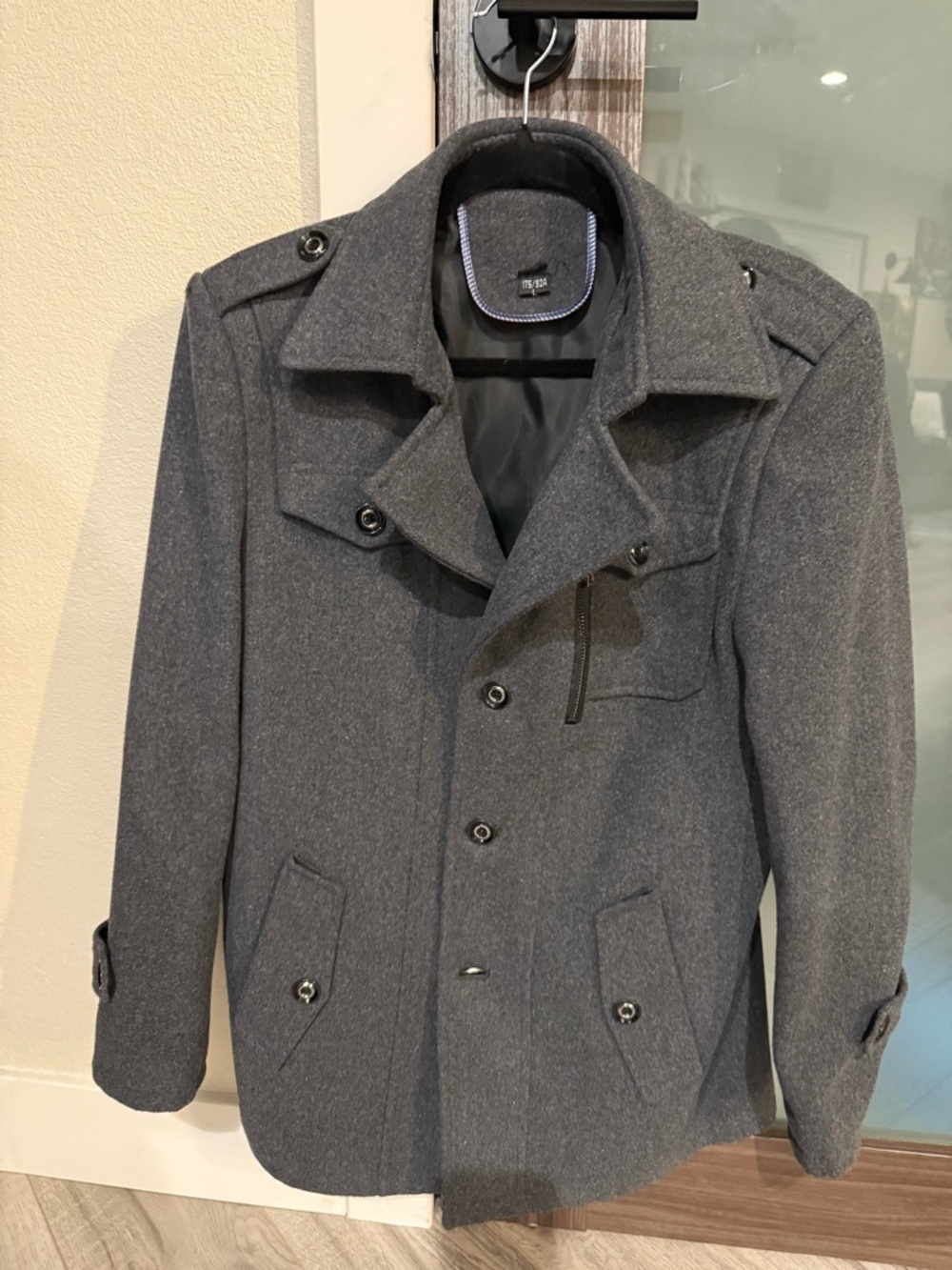 Men's Gray Wool-Blend Military Peacoat Jacket